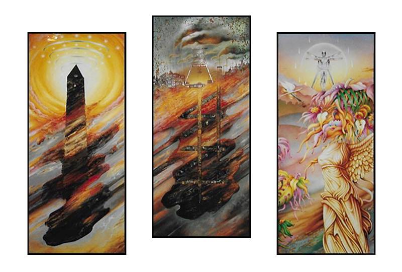 TRIPTYCHON - ÄRA DES SCHWARZEN GOLDES - Relief-Malerei auf Stahl, 3x 200x80 cm